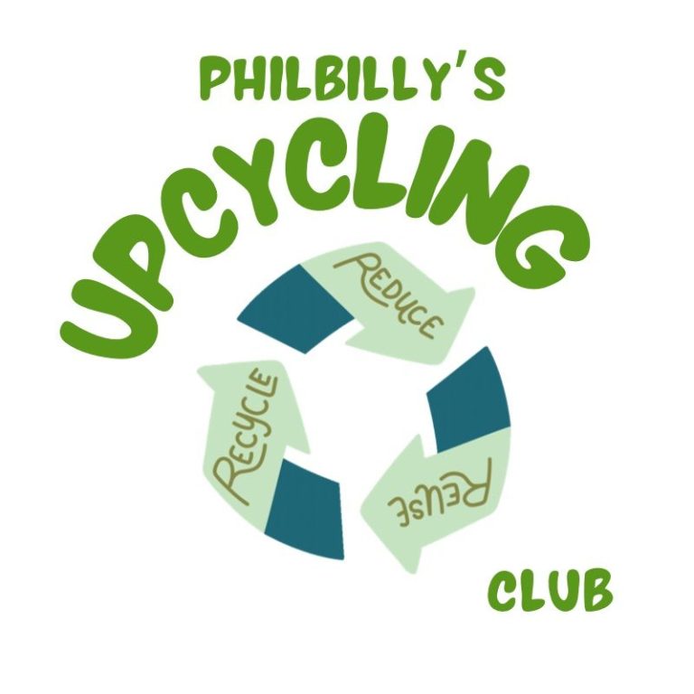 Philbillys upcycling club logo Logo for Philbilly's Upcycling Club, featuring a green recycling symbol with text.