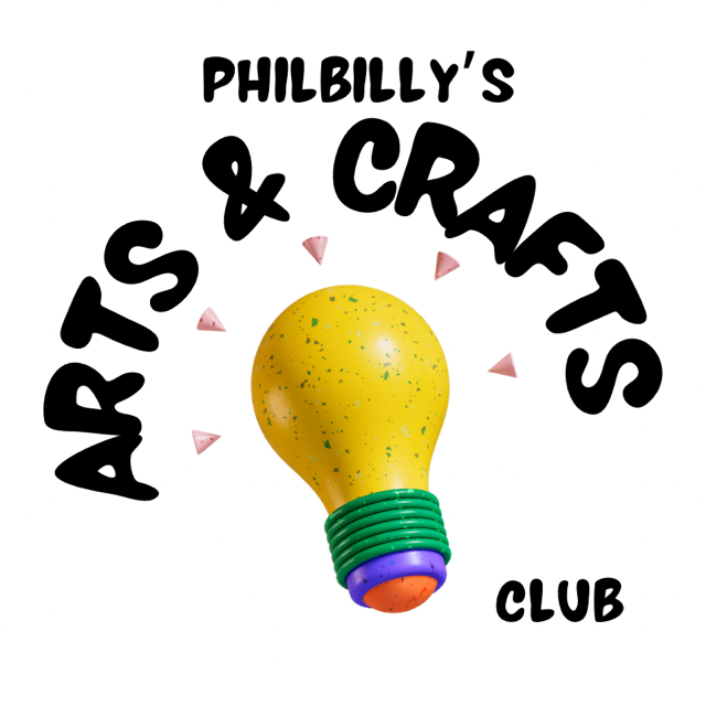 Philbillys arts & crafts club logo Philbilly's Arts & Crafts Club logo featuring a lightbulb and bold text.