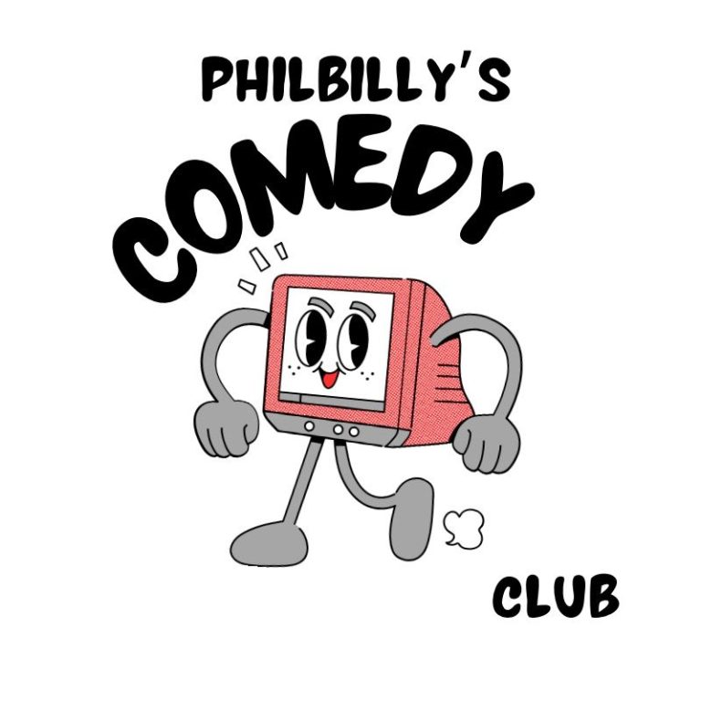 Philbillys comedy club logo Cartoon character with a smiling TV head and arms, promoting Philbilly's Comedy Club.